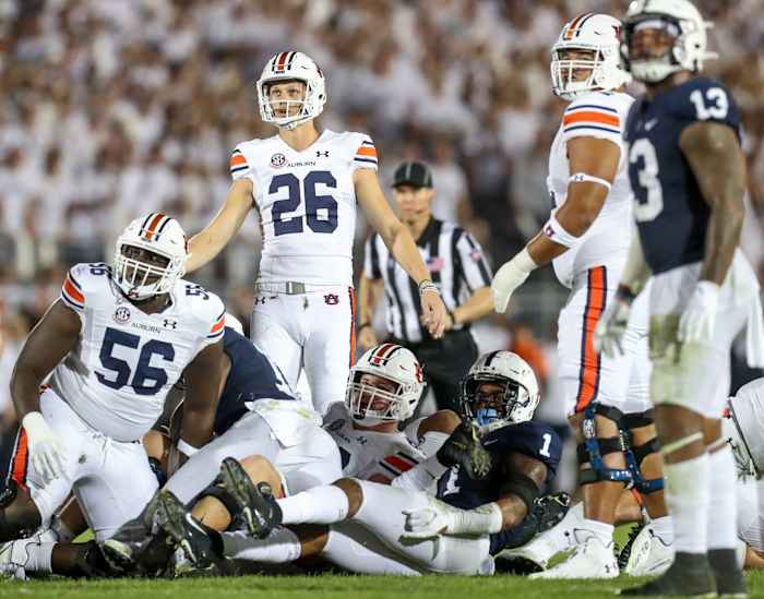 Sep 18, 2021; University Park, Pennsylvania, USA; Auburn Tigers kicker Anders Carlson (26) watches the ball after kicking a field goal during the fourth quarter against the Penn State Nittany Lions at Beaver Stadium. Penn State defeated Auburn 28-20. Mandatory Credit: Matthew OHaren-USA TODAY Sports